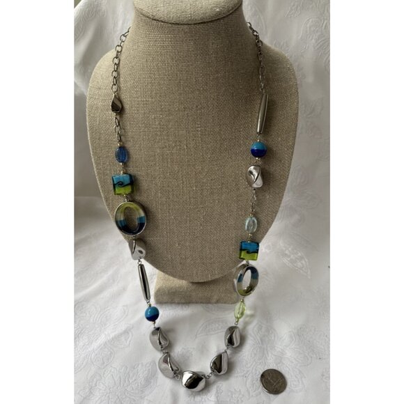 Chicos Blue Green Faux Glass SIlver Tone 18" Long Statement Necklace NEW - Picture 5 of 16